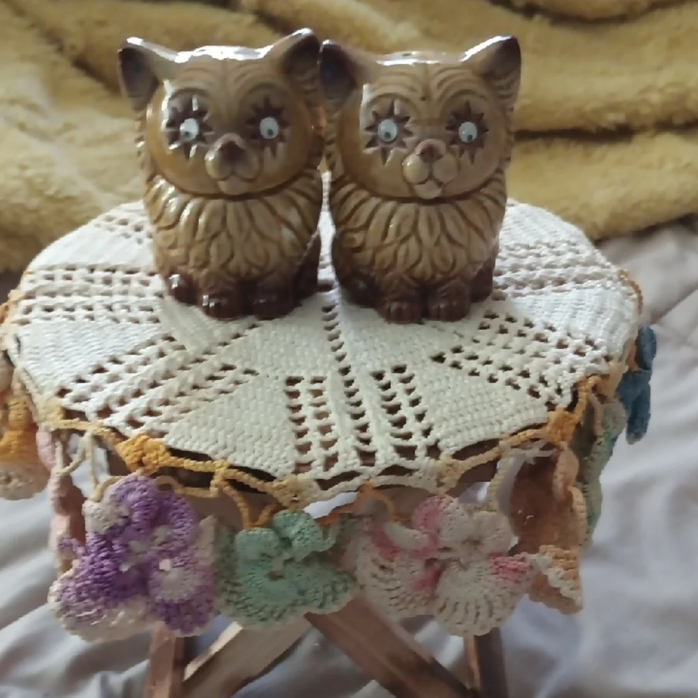 Brown Owl Cat Salt And Pepper Figurines Made In Japan With Google Eyes